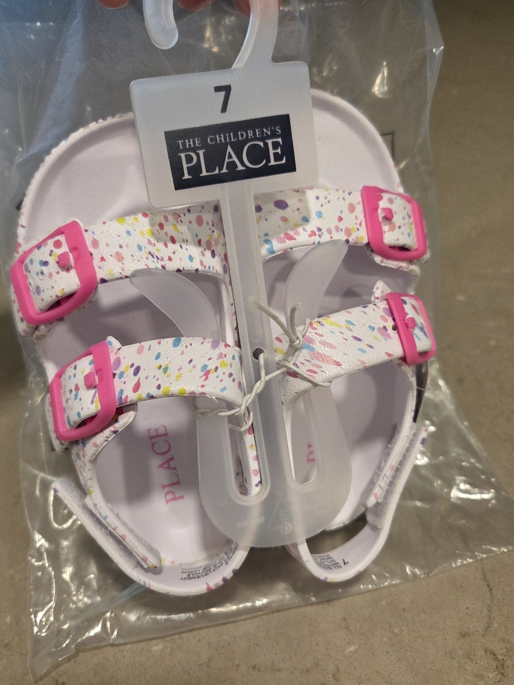 The Children's Place White Sandals with Pink Buckles and Multicolor Confetti